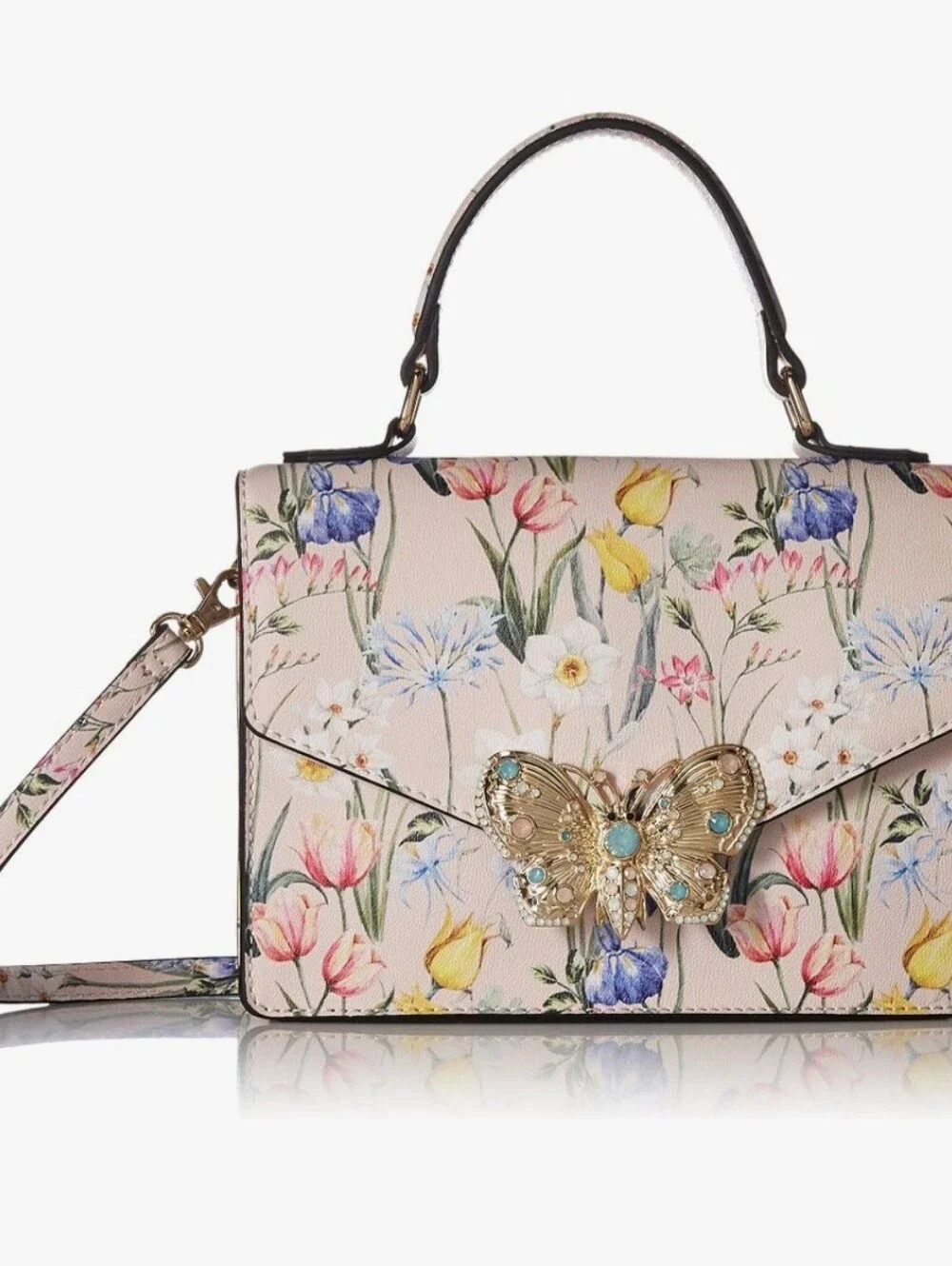 Aldo Floral-Print Satchel with Gold Butterfly Accent - Pink Multi